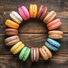 Colorful macarons arranged in a circular pattern on wooden table  