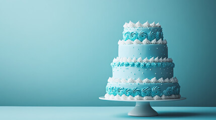 A modern three-tier blue cake commemorates a 25th anniversary, captured in a clean promotional photo. 
