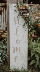 Welcome sign with floral arrangement on rustic wood post in garden setting outdoors for an event on transparent background