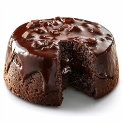 Chocolate cake with glossy icing and a slice removed  