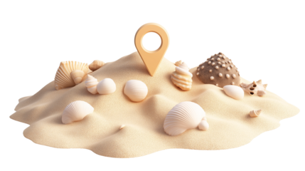 Location pin 3D icon placed in a sand pile with seashells, digital summer travel concept, PNG 