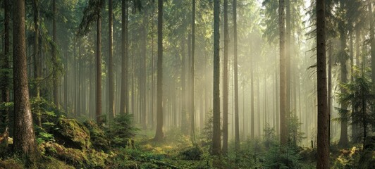 Obraz premium The enchanting forest bathed in sunlight with a magical misty atmosphere.