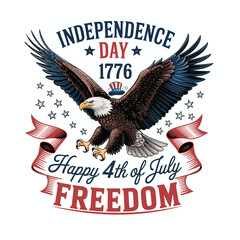 American bald eagle with spread wings and a flowing flag, a powerful symbol illustration