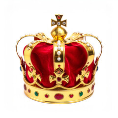 Golden crown with red velvet and jewels representing royalty and power