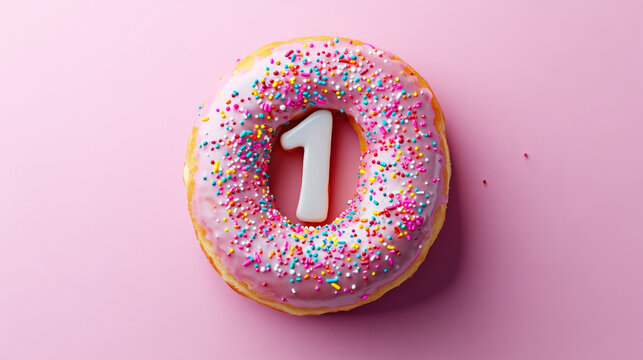 A pink background features a donut adorned with colorful sprinkles and the number 10 in decorative icing.