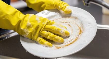 Hands in yellow gloves washing soapy plate in kitchen sink