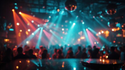 A lively club atmosphere features a dense crowd dancing under vibrant blue and orange lights. Reflections from disco balls add to the energetic scene during a late-night party.