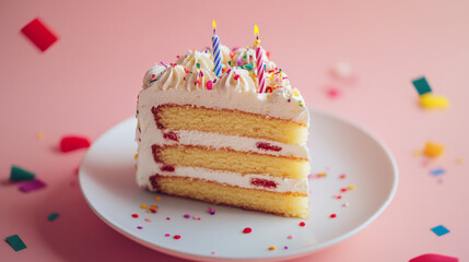 A plush toy slice of birthday cake decorated with cream and confetti. 