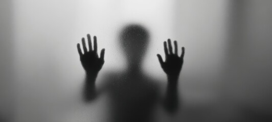 The silhouette of a person reaching out through foggy glass.