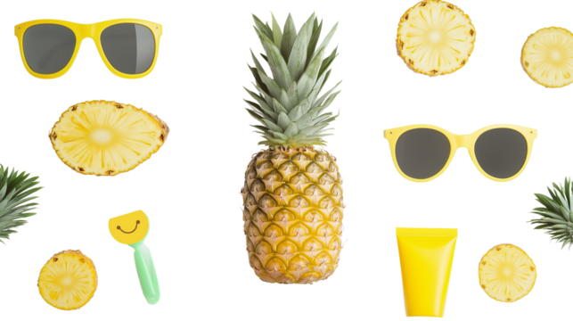 Flat lay of tropical items (pineapple, sunglasses, SPF) styled as emoji buttons, isolated on white, PNG