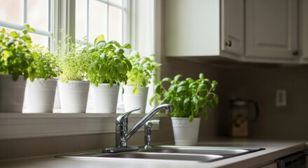 Indoor herb garden on kitchen windowsill with basil and fresh greenery