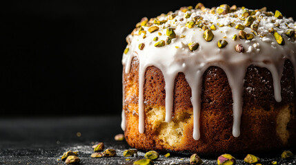 A richly frosted panettone topped with white icing and pistachios, photographed against a black background.
