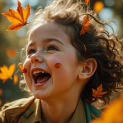 close portrait young girl probably around years old curly blonde hair she wearing brown jacket has big smile her face her eyes closed her mouth open wide she laughing enjoying moment background