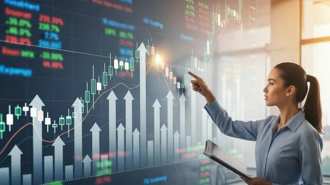 Businesswoman In Blue Shirt Analyzing Financial Data Displayed On Wall Chart In Bright Office
