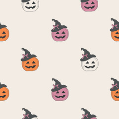 Halloween funny cute pumpkins in hats with ribbon bows vector seamless pattern for fabric, textile, wallpaper, wrapping, scrapboking.
