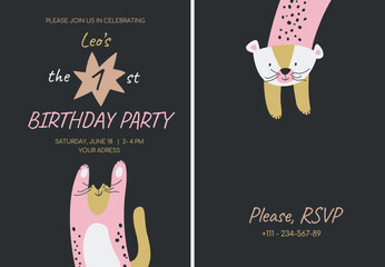 Creative vector Baby shower invitation card with cute tiger and star on black background. Vector Printable kids design. Child greeting with wild cat. Flat illustration
