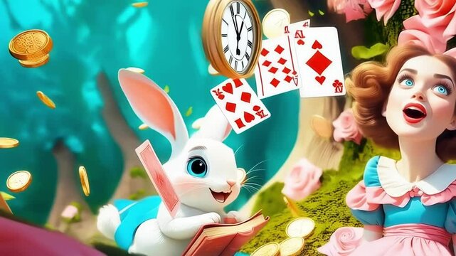 Alice falls down a rabbit hole surrounded by floating cards, coins, clocks and books in a wonderland