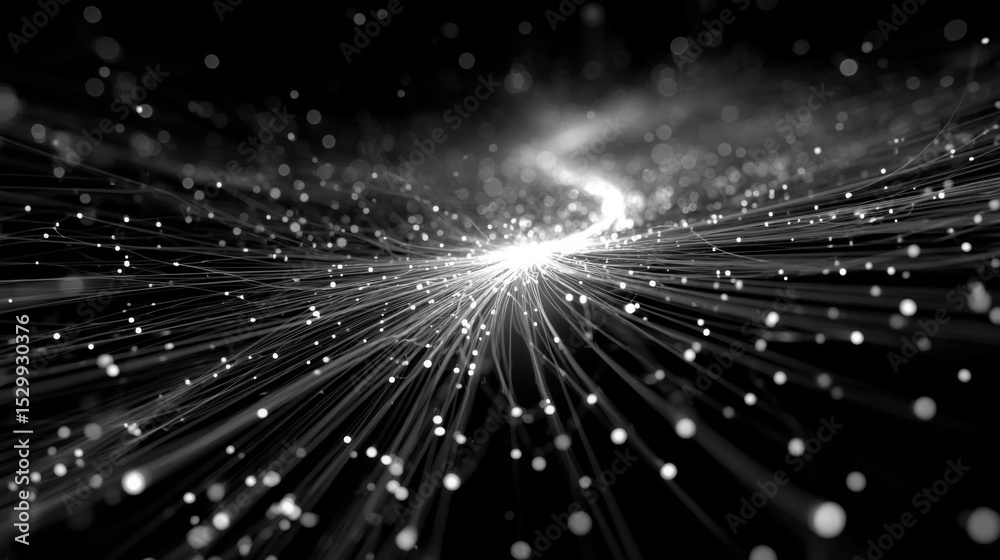 Poster glowing particles create intricate light trails in a dark environment, showcasing an abstract patter