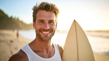 Portrait if a Surfer on a Beach with Surfboard - Powered by Adobe