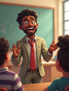 A joyful Black teacher surrounded