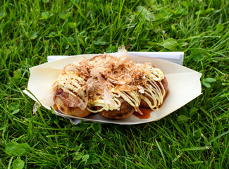 Takoyaki in a paper bowl on grass 