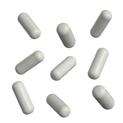 Falling white medicine pills capsule isolated on white background Mockup