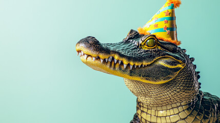 A vertical illustration of a male alligator donning a birthday hat and ready to party.