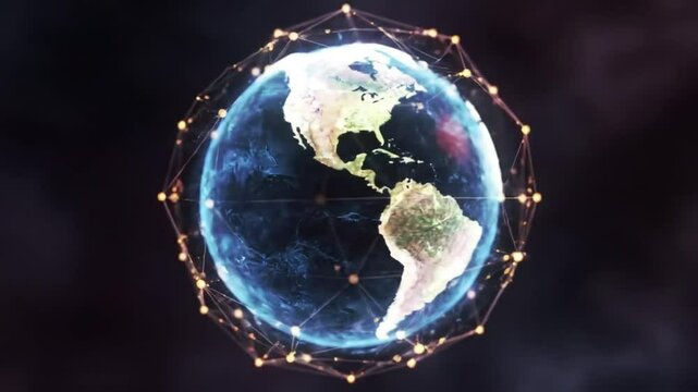 Planet Earth viewed from space, surrounded by a glowing digital plexus network. Represents global communication, the internet, globalization, and worldwide data