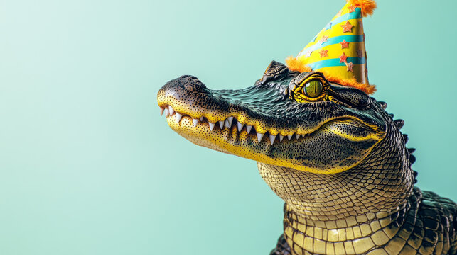 A vertical illustration of a male alligator donning a birthday hat and ready to party.