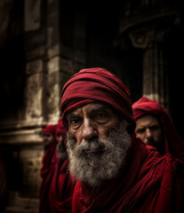 Portrait of a Pharisee or religious elder in red robes and headwrap, set in ancient Jerusalem