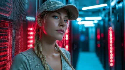 Confident Young Woman in Military Cap Surrounded by High-Tech Server Racks with Red and Blue Lighting