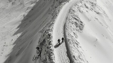 Two Hikers Walking on a Snowy Mountain Path