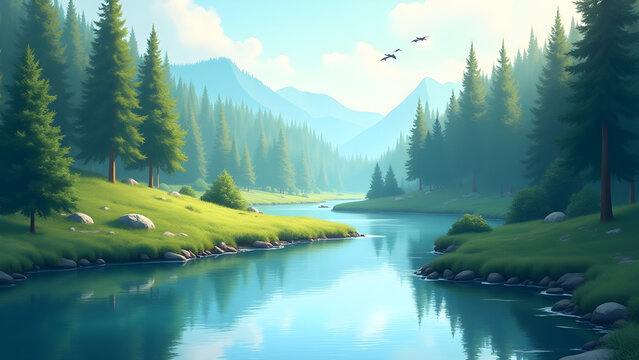 Professional River and Forest Landscapes Calm Nature Scenery Illustrations.