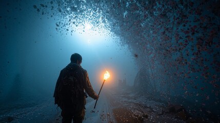 Mysterious Journey: Individual with a Torch in a Surreal Floral Environment