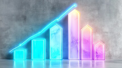 Glowing neon bar graph on concrete wall showing economic growth trend