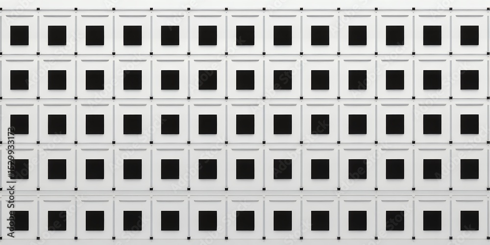 Poster array of white square frames with black square inserts arranged in a grid pattern on white wall