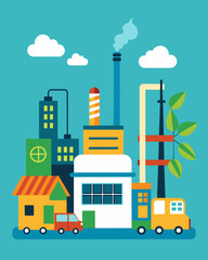 Fototapeta premium A factory upgrades its equipment to newer and more efficient models reducing energy consumption.. Vector illustration