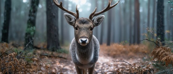 Majestic Deer Standing in a Misty Forest Surrounded by Autumn Foliage