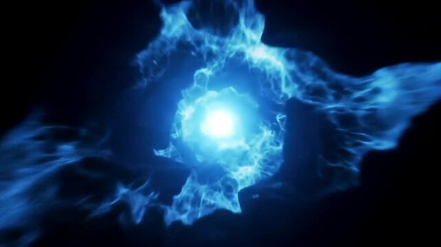 A powerful blue energy explosion or plasma shockwave in deep space. A sci-fi concept of a nebula, cosmic birth, or a futuristic fusion power source with bright, glowing light.