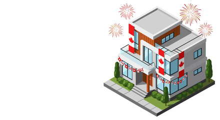 Canadian house decorated with flags and fireworks for celebration  