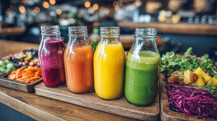 Assorted Fresh Juices in Glass Bottles with Healthy Snacks
