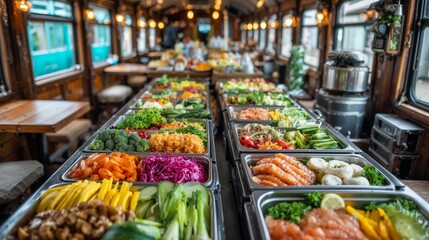 Buffet of Fresh Ingredients in a Rustic Train Car