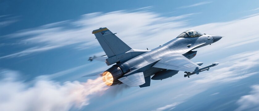 An F-16 fighter jet streaks across a dramatic, cloud-filled sky, showcasing the power and agility of modern aviation.