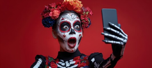 The striking woman with Day of the Dead makeup enjoying a selfie.