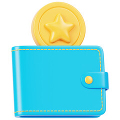 Blue Wallet with a golden coin  3d icon in cartoon plastic style minimal isolated on transparent white background, clipping path	 