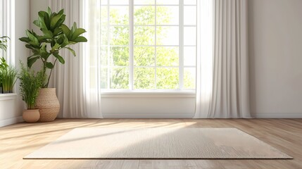 Fototapeta premium A minimalist living room featuring a single beige rug in the center of the room. The surrounding area is completely empty, emphasizing clean, open floor space and natural light