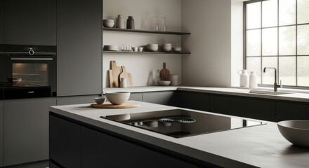 Modern minimalist kitchen with black cabinets and sleek appliances