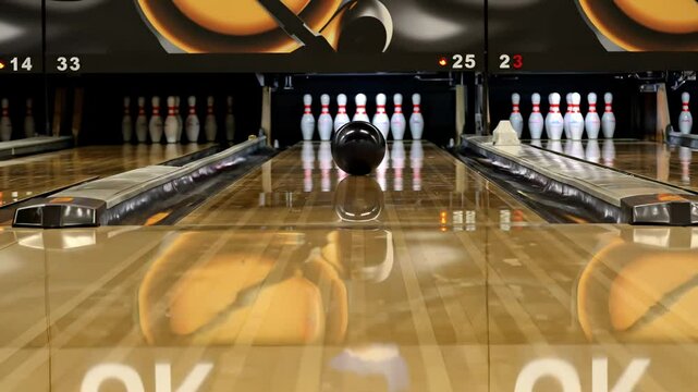 Black bowling ball rolling down the lane towards white pins