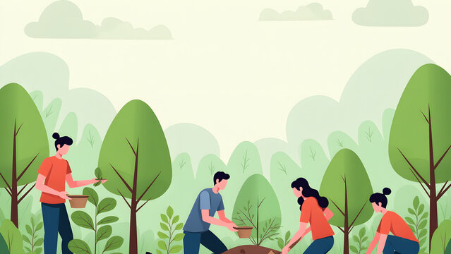 Group of people planting trees in community garden with green nature elements and cloudy sky illustration