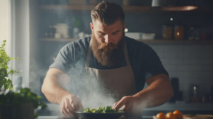 Bearded Chef Cooking Delicious Meal in Kitchen